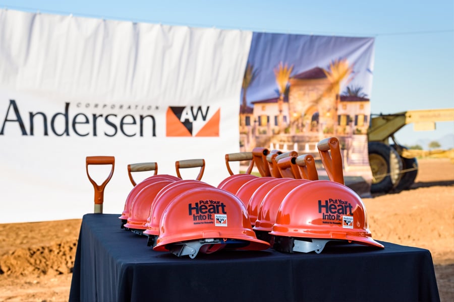 Goodyear, AZ groundbreaking event with hard hats and shovels