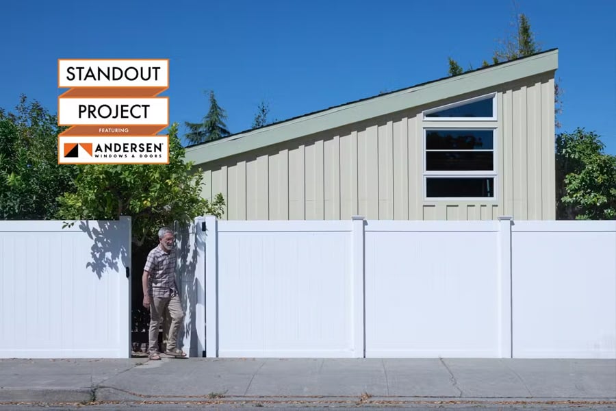 ADU is surrounded by a mature garden with avocado trees and berries. The new shed roof is framed with structurally laminated beams, which allows an open 20-foot span at the interior.