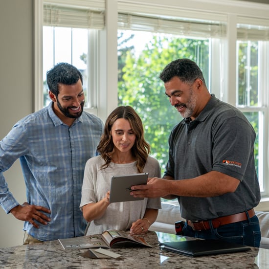 Contractor meeting with clients and reviewing plans on a tablet