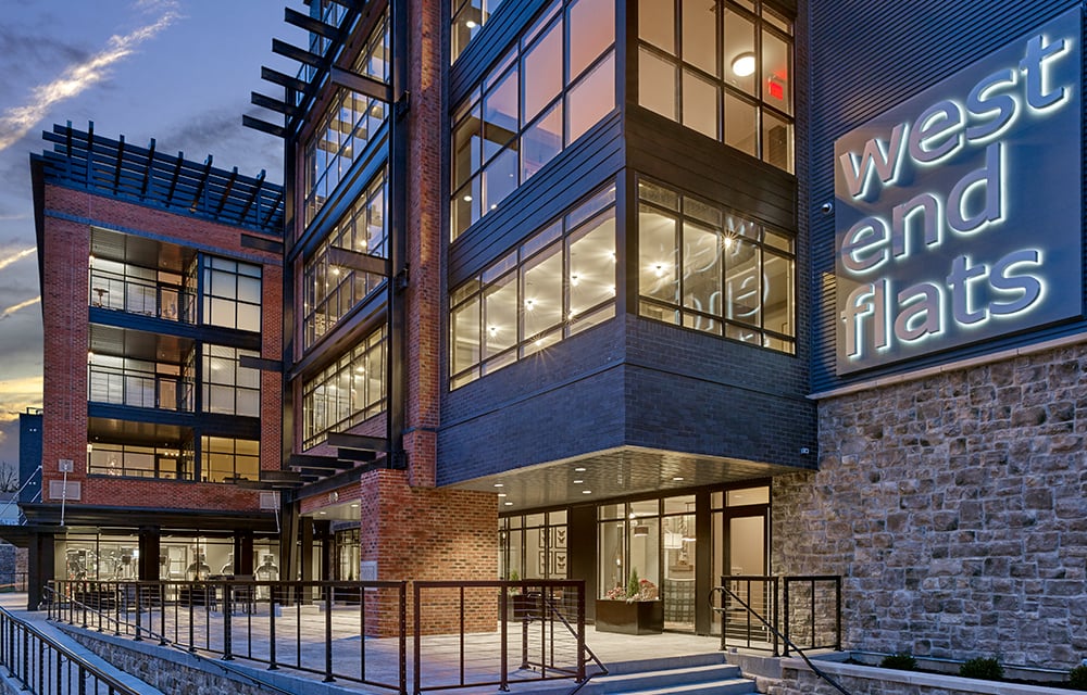 Picture at dusk of West End Flats