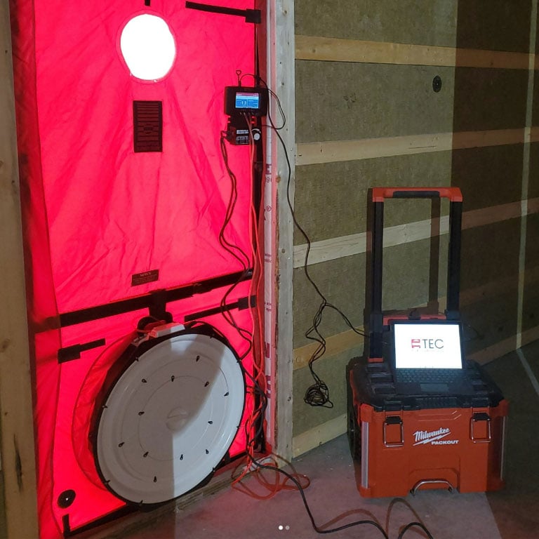 A blower door setup installed in a home's front doorway, with a red canvas and a large circular fan at the bottom. An attached control panel and laptop are visible on the right side, used to measure the building's air leakage