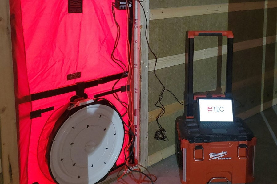 A blower door setup installed in a home's front doorway, with a red canvas and a large circular fan at the bottom. An attached control panel and laptop are visible on the right side, used to measure the building's air leakage
