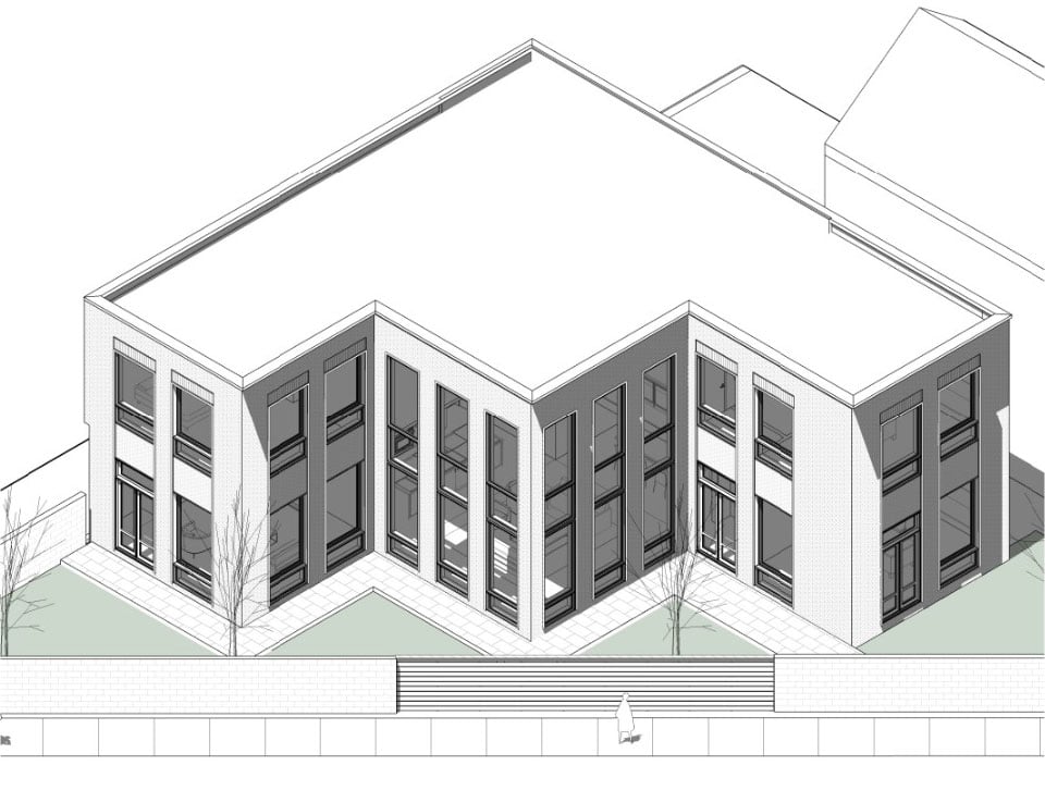 A drawing of the home from above showing its stepped triangular profile.