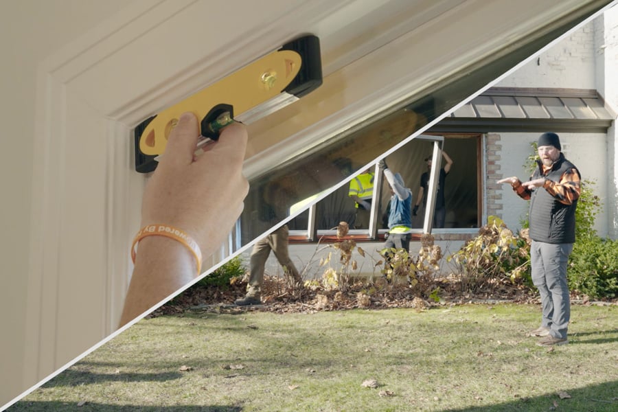 split image of measuring a window and an install job