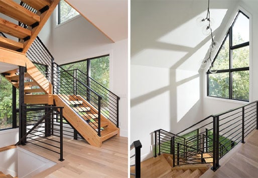 A stair tower with a specialty shaped window configuration that fills the entire wall and floods the stairwell with natural light.