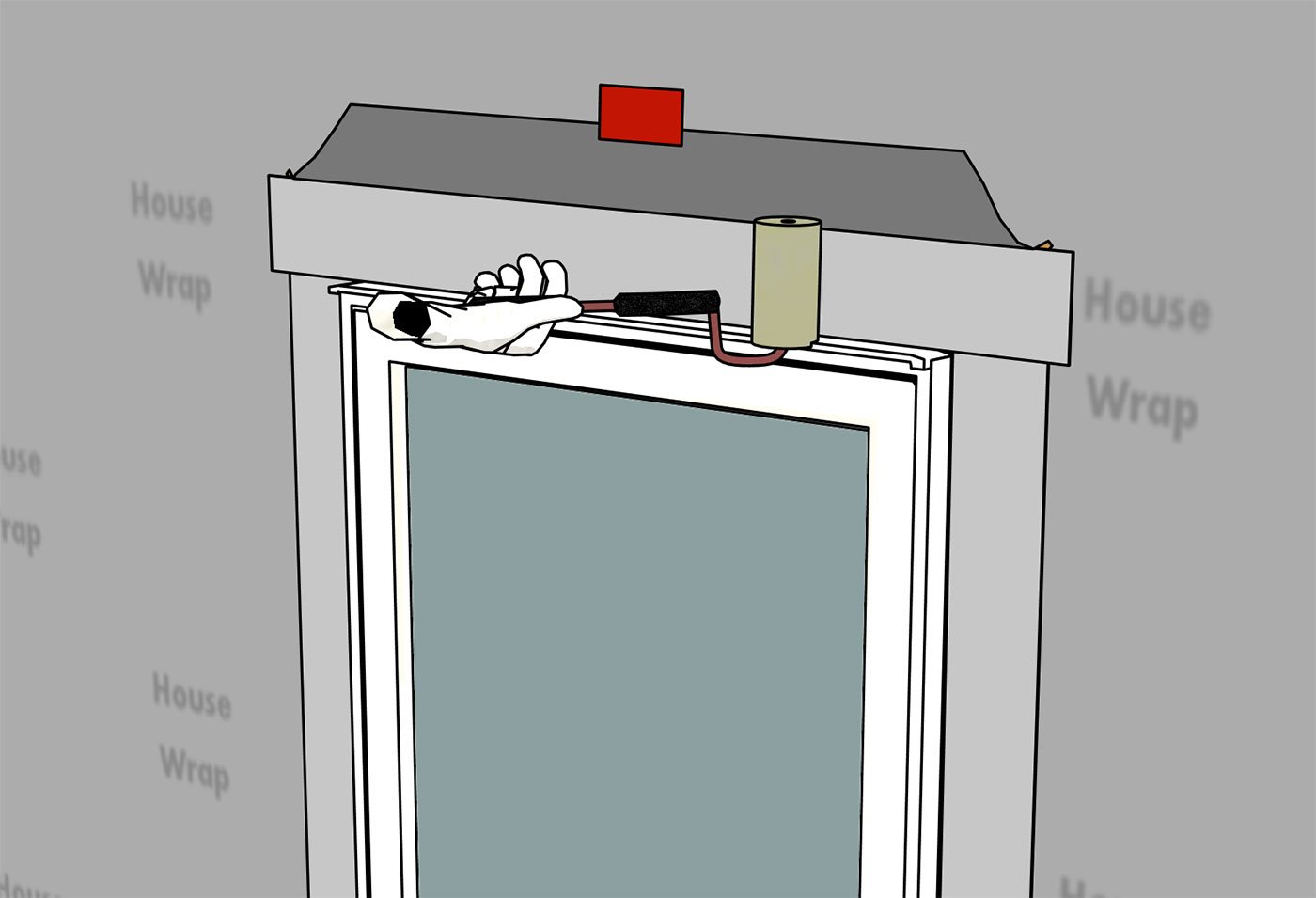 A graphic showing rolling the top of the WRB. The last layer to be adhered when following the shingling method.