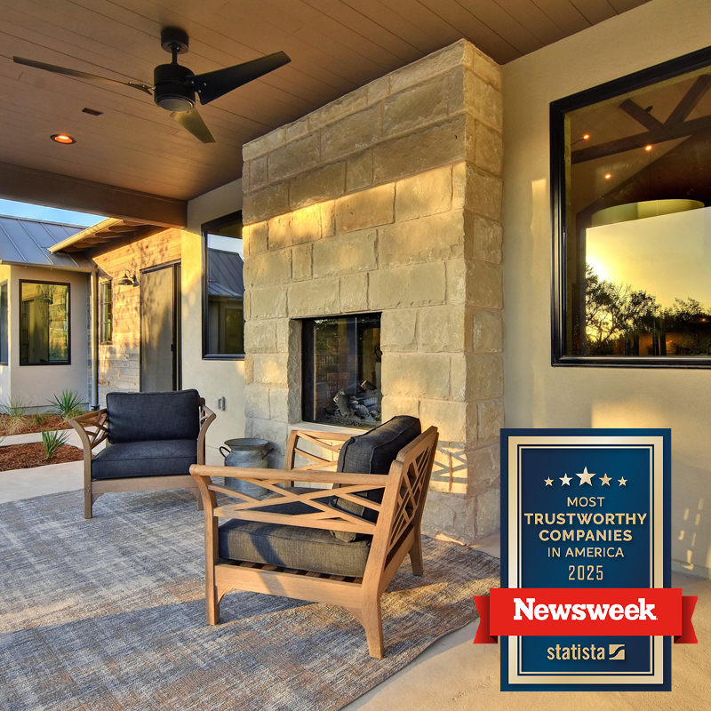 Beautiful patio in Texas with fireplace and landscape