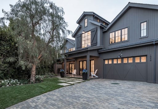 exterior view of dark gray house