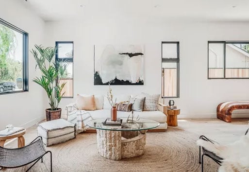 white living room with black framed Andersen windows