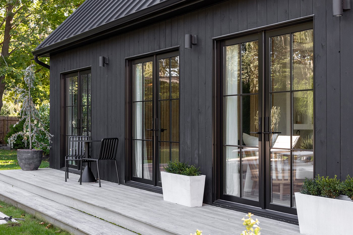 Types of doors: black French doors on a modern home. 