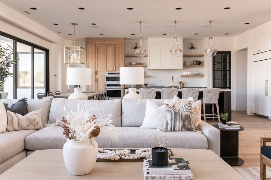 interior view of living room and open concept kitchen