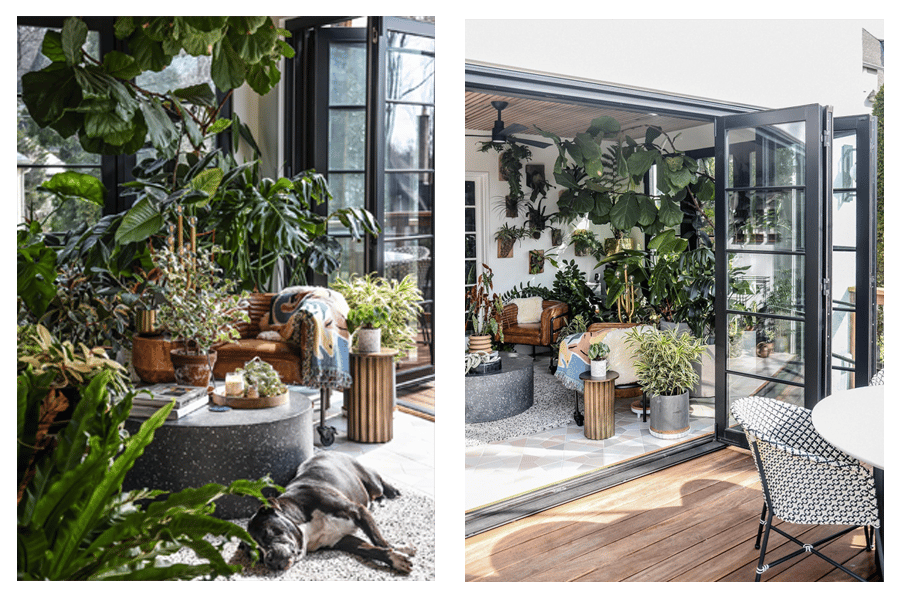 A Folding Outswing door opens the plant-filled sunroom to the adjoining deck