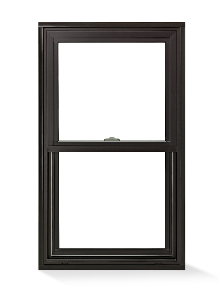A 100 Series insert replacement window with dark bronze frames shown from the exterior view with trim around it.