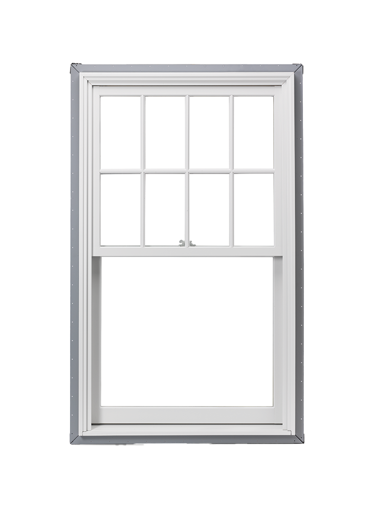 A flanged A-Series Double-Hung Window as viewed from the exterior.