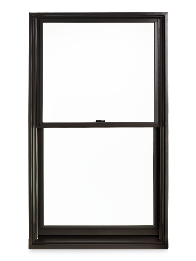 A flangeless full-frame 400 Series Tilt-Wash Double-Hung Window with dark bronze frames viewed from the exterior.