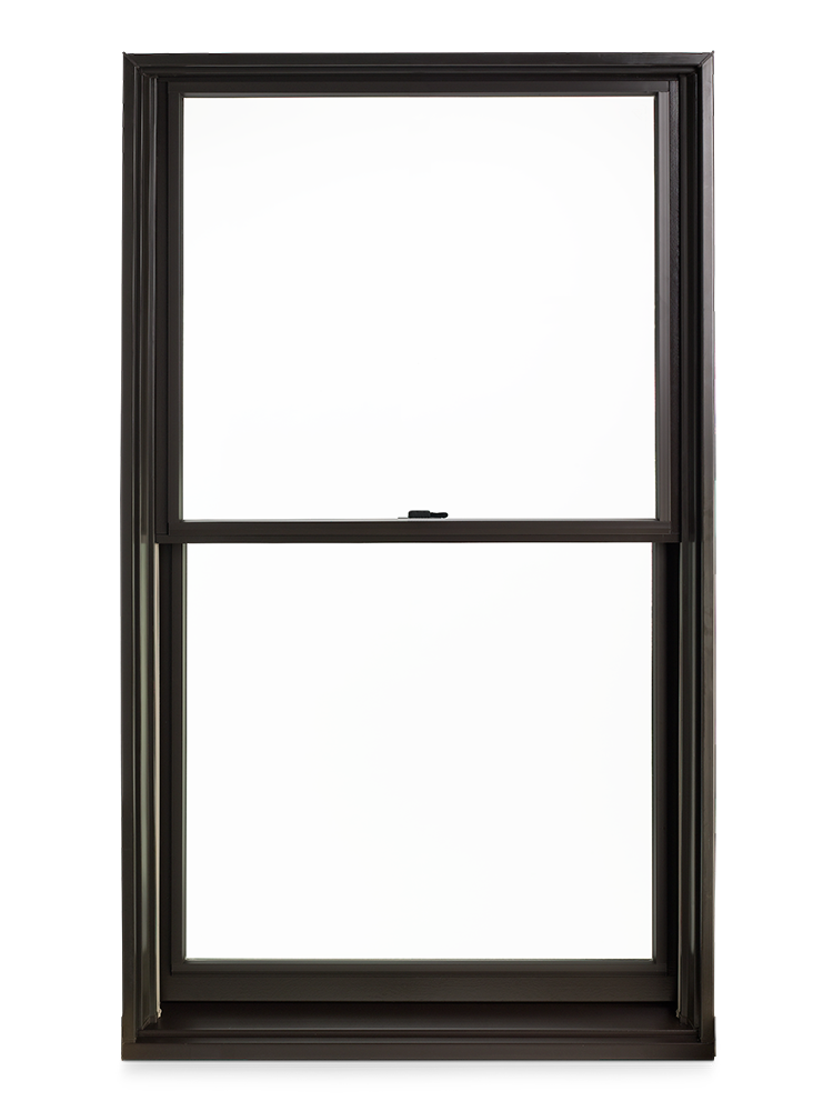 A flangeless full-frame 400 Series Tilt-Wash Double-Hung Window with dark bronze frames viewed from the exterior.