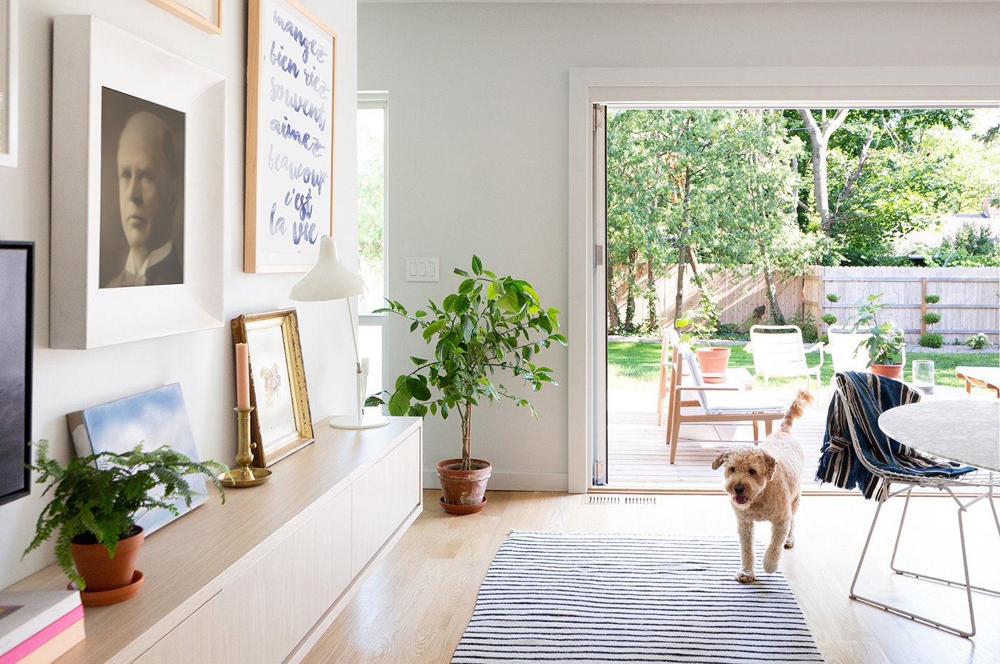 A living room with a Folding Outswing Door that opens to a deck and backyard.