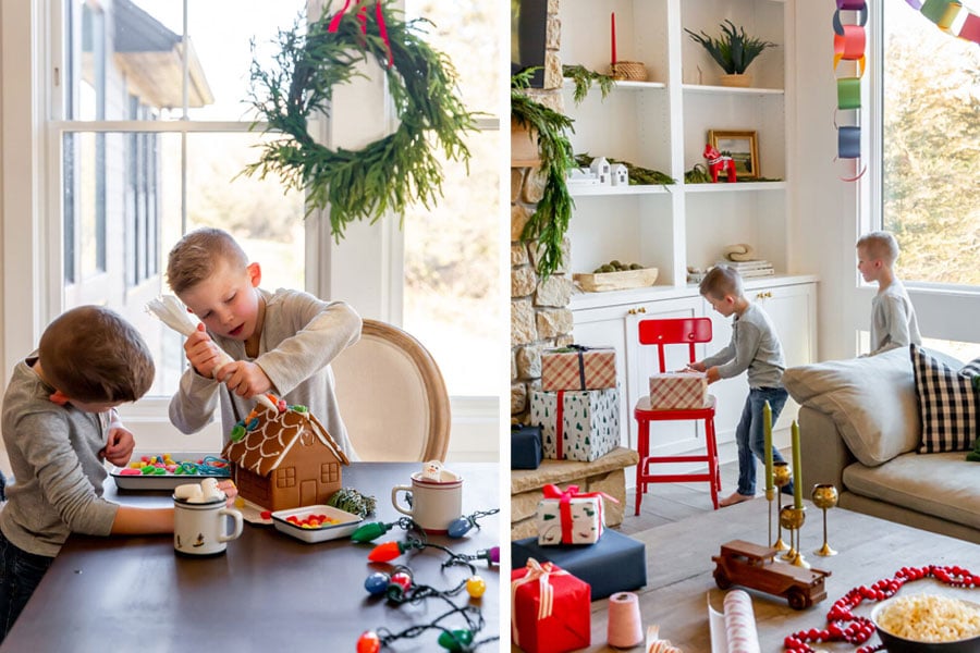 Left photo, two little boys decorate a gingerbread house on a dining table decorated with bright colored lights. Right photo, two little boys discover wrapped Christmas presents in a living room decorated for the holidays