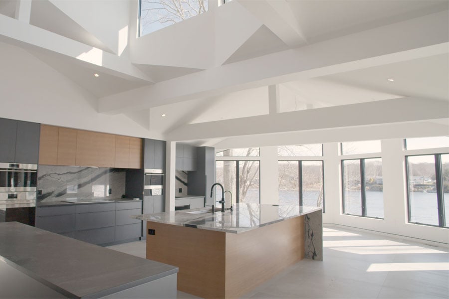 Featuring Sweenor Builders One of the industry’s most respected custom builders, Jeff Sweenor's contemporary open space kitchen with bright natural light remodel in Rhode Island.