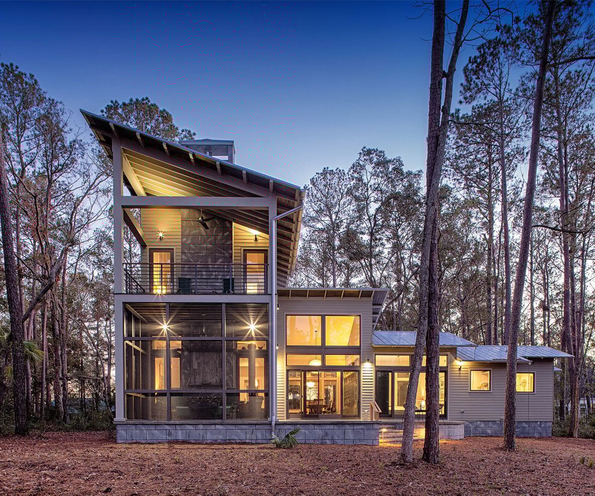 Modern Home in the Trees at Dusk