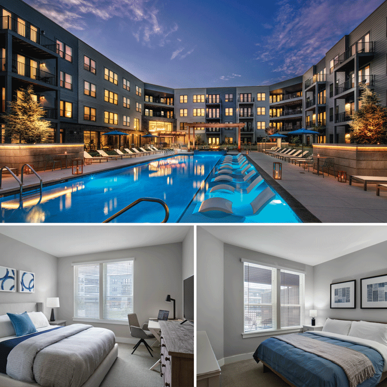 collage of images of hotel exterior and two interior rooms with andersen 100 series windows