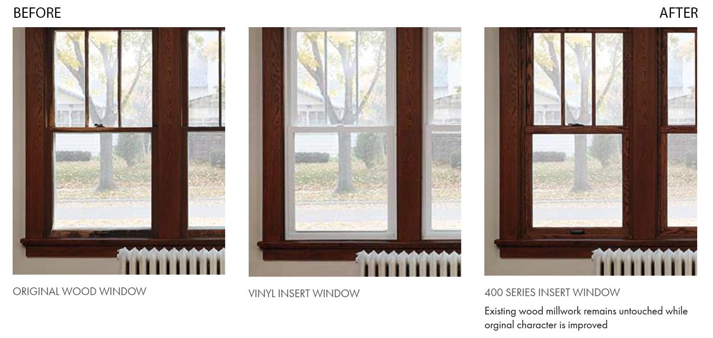 traditional home showing before and after using andersen wood and vinyl windows