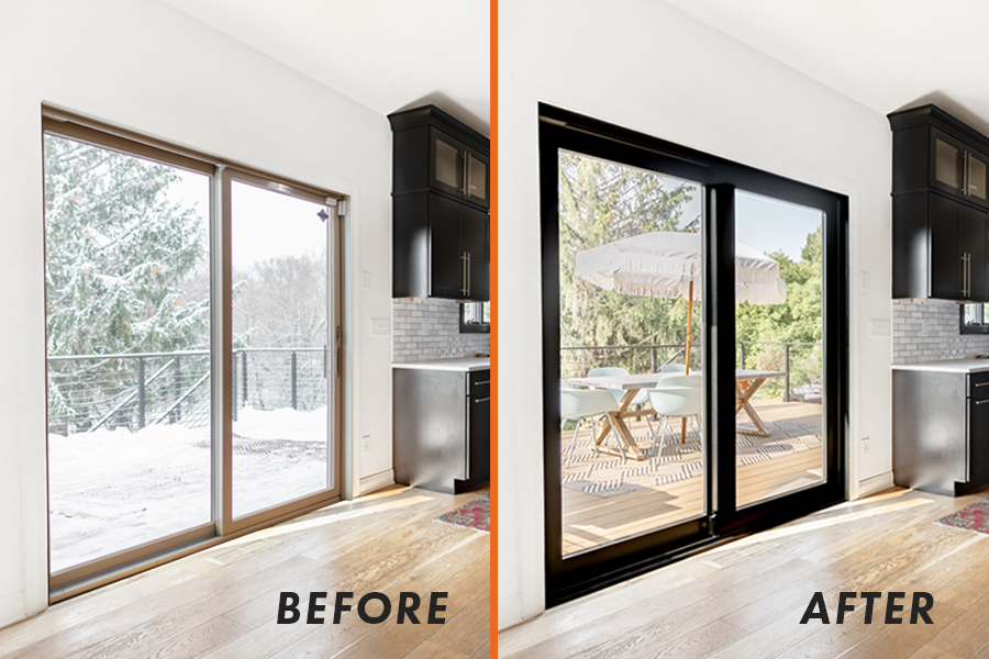 Before and after picture of a contemporary A-Series patio door