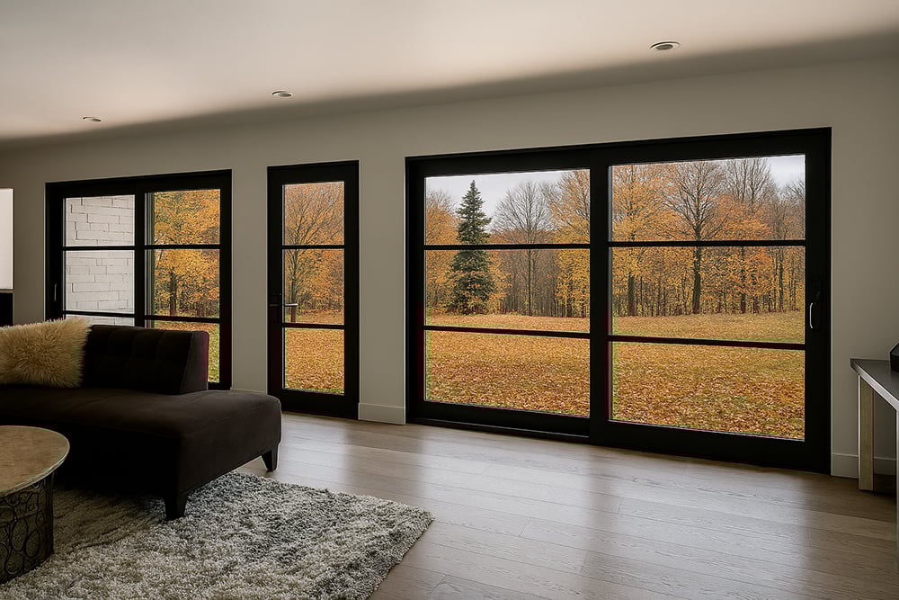 Family room with multiple patio doors leading to a fall filled backyard
