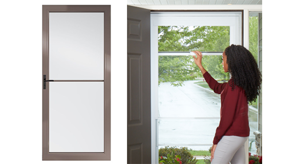 illustration of storm door and woman opening the screen