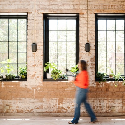 Black A-Series Casement Windows with colonial grilles in an industrial renovation.