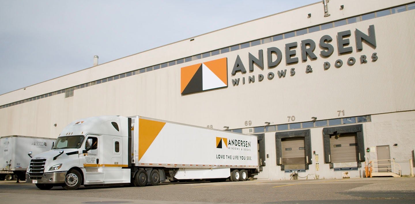 Andersen delivery truck leaving Andersen windows & doors plant