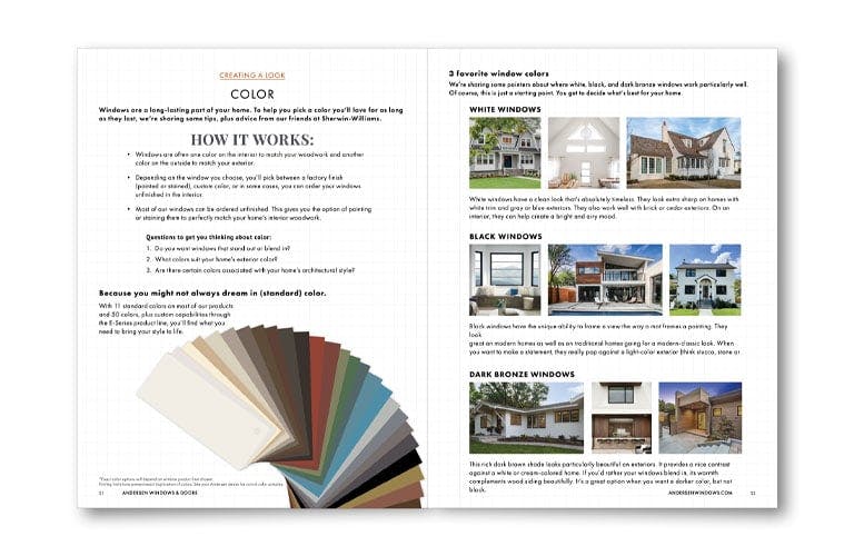 A spread from the Window Selection Guide about color, how it works to select window frame color, what colors are possible, and a few suggestions about selecting window frame color. 
