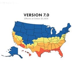 A graphic showing the ENERGY STAR® climate zone map for Version 6.0 on the left and the updated map for Version 7.0 on the right.
