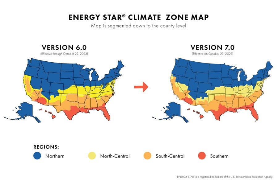 A graphic showing the ENERGY STAR® climate zone map for Version 6.0 on the left and the updated map for Version 7.0 on the right.