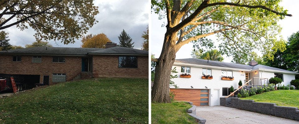 Exterior photos of a 1950s ranch house before and after being remodeled.
