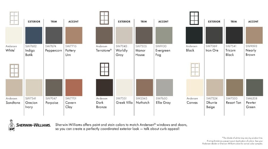 Six color palettes from Sherwin-Williams include recommendations for window, exterior, accent and trim colors.