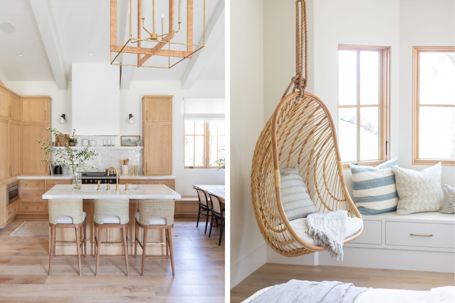 Side by side images of wood accented kitchen and hanging chair by wood windows