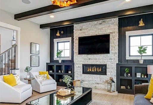 infinity custom homes living room windows by fireplace