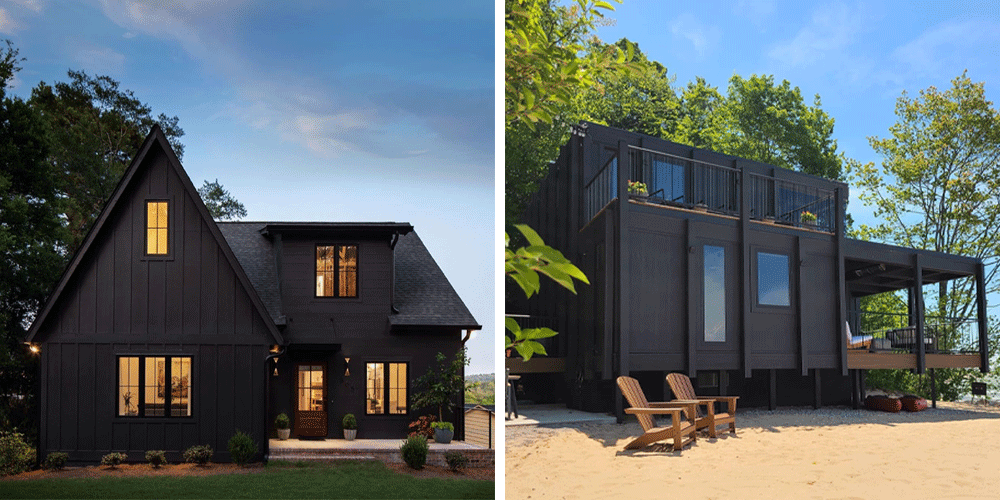 A black farmhouse and a modern black beach house both stand out