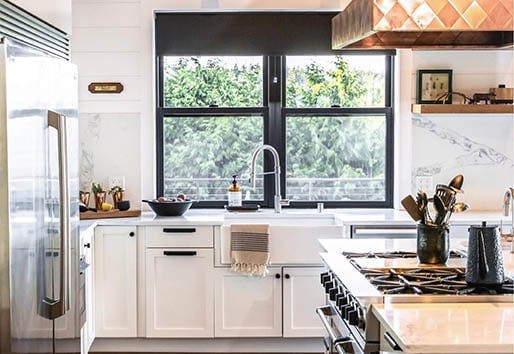 whidbeyislandfarmhouse Modern Farmhouse Kitchen with Windows Above Sink Backsplash