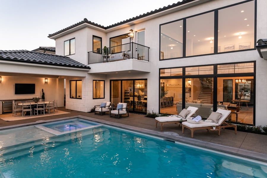 Modern Coastal Mediterranean home style. 100 Series casement, gliding, picture and transom windows; Black interiors & exteriors; Black hardware