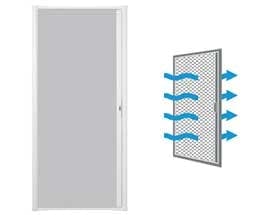 illustration of LuminAire™ retractable insect screen door with arrows showing air flow